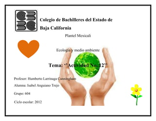 Colegio de Bachilleres del Estado de
                 Baja California
                                Plantel Mexicali


                           Ecología y medio ambiente


                      Tema: ‘’Actividad No. 12’’

Profesor: Humberto Larrinaga Cunningham
Alumna: Isabel Anguiano Trejo

Grupo: 604

Ciclo escolar: 2012
 