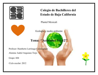 Colegio de Bachilleres del
                                Estado de Baja California

                                Plantel Mexicali


                           Ecología y medio ambiente


                      Tema: ‘’Actividad No. 12’’

Profesor: Humberto Larrinaga Cunningham
Alumna: Isabel Anguiano Trejo

Grupo: 604

Ciclo escolar: 2012
 