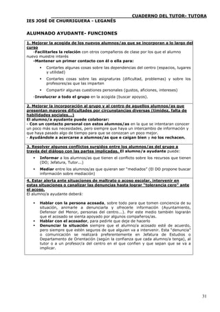 ____________________________CUADERNO DEL TUTOR- TUTORA
IES JOSÉ DE CHURRIGUERA - LEGANÉS


ALUMNADO AYUDANTE- FUNCIONES

1. Mejorar la acogida de los nuevos alumnos/as que se incorporan a lo largo del
curso
   -Facilitarles la relación con otros compañeros de clase por los que el alumno
nuevo muestre interés
   -Mantener un primer contacto con él o ella para:
           Contarles algunas cosas sobre las dependencias del centro (espacios, lugares
            y utilidad)
           Contarles cosas sobre las asignaturas (dificultad, problemas) y sobre los
            profesores/as que las imparten
           Compartir algunas cuestiones personales (gustos, aficiones, intereses)
    -Involucrar a todo el grupo en la acogida (buscar apoyos).

2. Mejorar la incorporación al grupo y al centro de aquellos alumnos/as que
presentan mayores dificultades por circunstancias diversas (timidez, falta de
habilidades sociales...)
El alumno/a ayudante puede colaborar:
- Con un contacto personal con estos alumnos/as en la que se intentaran conocer
un poco más sus necesidades, pero siempre que haya un intercambio de información y
que haya pasado algo de tiempo para que se conozcan un poco mejor.
- Ayudándole a acercarse a alumnos/as que e caigan bien y no los rechacen.

3. Resolver algunos conflictos surgidos entre los alumnos/as del grupo a
través del diálogo con las partes implicadas. El alumno/a ayudante puede:
       Informar a los alumnos/as que tienen el conflicto sobre los recursos que tienen
        (DO; Jefatura, Tutor...)
       Mediar entre los alumnos/as que quieran ser “mediados” (El DO propone buscar
        información sobre mediación)
4. Estar alerta ante situaciones de maltrato o acoso escolar, intervenir en
estas situaciones o canalizar las denuncias hasta lograr “tolerancia cero” ante
el acoso.
El alumno/a ayudante deberá:

       Hablar con la persona acosada, sobre todo para que tomen conciencia de su
        situación, animarle a denunciarla y ofrecerle información (Ayuntamiento,
        Defensor del Menor, personas del centro...). Por este medio también lograrán
        que el acosado se sienta apoyado por algunos compañeros/as.
       Hablar con el acosador, para pedirle que deje de hacerlo
       Denunciar la situación siempre que el alumno/a acosado esté de acuerdo,
        pero siempre que estén seguros de que alguien va a intervenir. Esta “denuncia”
        o comunicación se realizará preferentemente en Jefatura de Estudios o
        Departamento de Orientación (según la confianza que cada alumno/a tenga), al
        tutor o a un profesor/a del centro en el que confíen y que sepan que se va a
        implicar.





                                                                                           31
 