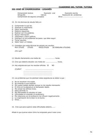 ____________________________CUADERNO DEL TUTOR- TUTORA
IES JOSÉ DE CHURRIGUERA - LEGANÉS

        Comprensión lectora             Expresión oral                                  Expresión escrita
        Ortografía                  Cálculo                                        Resolución de problemas
        Comprensión de algunos conceptos                                      Otros .....................................


10. En mis técnicas de estudio fallo en:

   Comprender lo que leo.
   Subrayar lo importante.
   Hacer resúmenes.
   Elaborar esquemas.
   Explicar con mis palabras.
   Buscar información.
   Interpretar y hacer gráficos.
   Distinguir en los problemas los pasos que debo seguir.
   Tomar apuntes.
   Saber hacer un trabajo.

11. Considero que estas técnicas de estudio me resultan
    MUY ÚTILES      ÚTILES         POCO ÚTILES       DE NINGUNA UTILIDAD

    ¿Por qué?



12. Estudio diariamente una media de:                   .................. horas.

13. Creo que debería estudiar una media de: ..................... horas.

14. Hay asignaturas que me resultan difíciles               SI      NO

    ¿Cuáles?        ....................................................
                .....................................................
                .....................................................
                .....................................................

15. Los problemas que me plantean estas asignaturas se deben a que :

   No se resuelven mis dudas.
   No entiendo lo que explican.
   Me cuesta trabajo atender porque no me resulta interesante.
   El ritmo en la asignatura es demasiado rápido.
   Me cansan las últimas horas.
   Estoy dormido /a.
   Mis dificultades en estudiar en casa.
   Dificultades en entender el vocabulario.
   Mis relaciones con el profesor/a me influyen negativamente.
   La organización de la clase no es buena.
   Otras.....



16. Creo que para superar estas dificultades debería.......


Añade lo que quieras sobre cómo ha empezado para ti este curso:




                                                                                                                            56
 