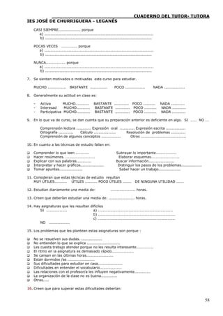 ____________________________CUADERNO DEL TUTOR- TUTORA
IES JOSÉ DE CHURRIGUERA - LEGANÉS

    CASI SIEMPRE.................. porque
       a) .........................................................................................
       b) .......................................................................................

    POCAS VECES ............. porque
       a) .........................................................................................
       b) .......................................................................................

    NUNCA................ porque
      a) .........................................................................................
       b) .......................................................................................

7. Se sienten motivados o motivadas este curso para estudiar.

    MUCHO ...............       BASTANTE ..............            POCO ................          NADA .................

8. Generalmente su actitud en clase es:

    -    Activa        MUCHO...........            BASTANTE ............ POCO ..........              NADA ...........
    -    Interesad     MUCHO...........            BASTANTE ............ POCO ..........              NADA ...........
    -    Participativa MUCHO...........            BASTANTE ............ POCO ..........              NADA ...........

9. En lo que va de curso, se dan cuenta que su preparación anterior es deficiente en algo. SI ..... NO ...

         Comprensión lectora ............ Expresión oral ............ Expresión escrita ................
         Ortografía ............ Cálculo ..................   Resolución de problemas ............
         Comprensión de algunos conceptos ................        Otros .....................................

10. En cuanto a las técnicas de estudio fallan en:

   Comprender lo que leen ...........                               Subrayar lo importante.................
   Hacer resúmenes. ........................                         Elaborar esquemas.......................
   Explicar con sus palabras............                            Buscar información.....................
   Interpretar y hacer gráficos...................                   Distinguir los pasos de los problemas.................
   Tomar apuntes...................                                   Saber hacer un trabajo..................

11. Consideran que estas técnicas de estudio resultan
    MUY ÚTILES.......... ÚTILES .......... POCO ÚTILES .......                      DE NINGUNA UTILIDAD ......

12. Estudian diariamente una media de:                           .................... horas.

13. Creen que deberían estudiar una media de: ..................... horas.

14. Hay asignaturas que les resultan difíciles
       SI .................            a) .............................................................
                                       b) ...............................................................
                                       c) ...............................................................
       NO .................

15. Los problemas que les plantean estas asignaturas son porque :

   No se resuelven sus dudas. .................
   No entienden lo que se explica ...........................
   Les cuesta trabajo atender porque no les resulta interesante..............
   El ritmo en la asignatura es demasiado rápido..................
   Se cansan en las últimas horas......................
   Están dormidos /as ......................
   Sus dificultades para estudiar en casa....................
   Dificultades en entender el vocabulario..................
   Las relaciones con el profesor/a les influyen negativamente.............
   La organización de la clase no es buena.............
   Otras.....

16. Creen que para superar estas dificultades deberían:


                                                                                                                               58
 