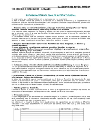 ____________________________CUADERNO DEL TUTOR- TUTORA
IES JOSÉ DE CHURRIGUERA - LEGANÉS


                    PROGRAMACIÓN DEL PLAN DE ACCIÓN TUTORIAL

Es un programa que realiza el tutor/a con su alumnado una vez en semana.
El Plan de Acción Tutorial del centro es coordinado por la Jefatura de Estudios y el Departamento de
Orientación, y recoge distintas actividades para cada uno de los cursos de ESO y Bachillerato, presentando
todos en común estos puntos fundamentales:

1.- Presentación y conocimiento del centro, del grupo de alumnos, de los profesores y de las
materias. También, de las normas, derechos y deberes de los alumnos.
En el inicio del curso, los tutores /as realizan la acogida con cada grupo en particular para que los alumnos
/as se conozcan entre si, y para que los alumnos /as nuevos conozcan el centro, las materias y los
objetivos que nos planteamos.
Es un momento idóneo para dar a conocer y debatir con los alumnos / as sus derechos y deberes, así
como los diversos cauces de participación que tienen en el centro. A veces, se plantean actividades para
favorecer el mayor conocimiento entre sí y un mejor clima social en el grupo.

2.- Proyecto de Participación y Convivencia: Asambleas de clase, delegados /as de clase y
alumnos ayudantes.
El grupo se organiza con el tutor/a mediante asambleas de aula y se reparten
responsabilidades de clase. Supone un aprendizaje colectivo de gran valor, donde se aprende a
cooperar, debatir y llegar a acuerdos.
Mediante diversas técnicas de dinámica de grupos, el procedimiento de elección de delegados se realiza
todos los años en las diferentes clases. Éstos han de saber sus funciones ya que serán los que formen la
Junta de delegados del instituto. Durante el primer trimestre tienen unas jornadas de formación para ello.
En los cursos de la ESO se eligen también alumnos y alumnas que participan activamente en el Plan de
convivencia del centro: son los alumnos ayudantes, que también reciben formación para conocer y realizar
sus funciones.

3.- Autoevaluación y reflexión colectiva sobre los resultados académicos y el avance del grupo.
A la vez que se realizan actividades en los que el alumnado reflexiona y se autoevalúa, los grupos con el
tutor, cada trimestre, evalúan el rendimiento general del grupo. Hablan de sus dificultades para conseguir
objetivos, problemas académicos, etc. Se proponen medidas para mejorar la convivencia y el rendimiento
académico del grupo.

4.-Programa de Orientación Académica, Profesional y Vocacional en sus aspectos formativos,
informativos y de toma de decisiones.
La etapa de secundaria supone muchas decisiones en el itinerario formativo del estudiante. En este
proceso es bueno contar con ayuda y asesoramiento, tanto para él o ella como para sus familias. En las
tutorías se les informa de los diferentes itinerarios formativos y de las posibles decisiones para que sea un
proceso lo más acorde con las aptitudes e intereses de cada alumno/a.

5.-Métodos y técnicas de estudio.
Consiste en ayudar al alumno y profundizar en el hábito y la organización de su tiempo de estudio, así
como detectar las dificultades que se presenten para mejorar las técnicas de trabajo.

6.- Otras actuaciones:
Se trata de programas que desarrollan una educación integral de la persona (educación para la salud, para
la ed. emocional, para la convivencia y habilidades sociales, coeducación, ed. vial, interculturalidad, buen
uso de tecnologías, ed. para el consumo, etc.)
Los tutores, en la mayoría de ellos, tienen ayuda directa de especialistas que se solicitan a diferentes
entidades o del propio departamento de orientación del centro. Para este nivel y este curso, estos
programas serán:

    NIVEL    PROGRAMA                                              FECHAS APROX       ENTIDAD




                                                                                                           6
 