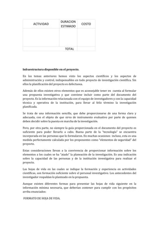 DURACION
        ACTIVIDAD                              COSTO
                              ESTIMADO




                                 TOTAL




Infraestructura disponible en el proyecto.

En los temas anteriores hemos visto los aspectos científicos y los aspectos de
administración y control, indispensables en todo proyecto de investigación científica. Sin
ellos la planificación del proyecto es defectuosa.

Además de ellos existen otros elementos que es aconsejable tener en cuenta al formular
una propuesta investigativa y que conviene incluir como parte del documento del
proyecto. Es la información relacionada con el equipo de investigadores y con la capacidad
técnica y operativa de la institución, para llevar al feliz término la investigación
planificada.

Se trata de una información sencilla, que debe proporcionarse de una forma clara y
adecuada, con el objeto de que sirva de instrumento evaluativo por parte de quienes
deben decidir sobre la puesta en marcha de la investigación.

Pero, por otra parte, no siempre la guía proporcionada en el documento del proyecto es
suficiente para poder llevarlo a cabo. Buena parte de la “tecnología” se encuentra
incorporada en las personas que lo formularon. En muchas ocasiones incluso, esta es una
medida perfectamente calculada por los proponentes como “elementos de seguridad” del
proyecto.

Estas consideraciones llevan a la convivencia de proporcionar información sobre los
elementos a los cuales se ha “atado” la planeación de la investigación. Es una indicación
sobre la capacidad de las personas y de la institución investigativa para realizar el
proyecto.

Las hojas de vida en las cuales se indique la formación y experiencia en actividades
científicas, son formación suficiente sobre el personal investigativo. Los antecedentes del
investigador respaldan lo planteado en la propuesta.

Aunque existen diferentes formas para presentar las hojas de vida siguiente en la
información mínima necesaria, que deberían contener para cumplir con los propósitos
arriba enunciados:

FORMATO DE HOJA DE VIDA.
 