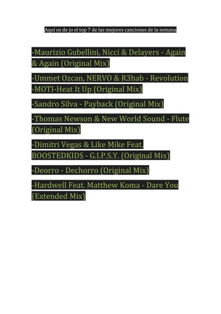 Aquí os de jo el top 7 de las mejores canciones de la semana

-Maurizio Gubellini, Nicci & Delayers - Again
& Again (Original Mix)
-Ummet Ozcan, NERVO & R3hab - Revolution
-MOTI-Heat It Up (Original Mix)
-Sandro Silva - Payback (Original Mix)
-Thomas Newson & New World Sound - Flute
(Original Mix)
-Dimitri Vegas & Like Mike Feat.
BOOSTEDKIDS - G.I.P.S.Y. (Original Mix)
-Deorro - Dechorro (Original Mix)
-Hardwell Feat. Matthew Koma - Dare You
(Extended Mix)

 