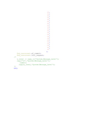 '',
                                     '',
                                     '',
                                     '',
                                     '',
                                     '',
                                     '',
                                     '',
                                     '',
                                     '',
                                     '',
                                     '',
                                     '',
                                     '',
                                     '',
                                     '',
                                     '',
                                     '',
                                     '',
                                     '',
                                     ''
                                    );
     fnd_concurrent.af_commit;
     fnd_concurrent.init_request;
/*
     v_level := name_in('System.Message_Level');
     copy('15','System.Message_Level');
        commit;
       copy(v_level,'System.Message_Level');
*/
END;
 