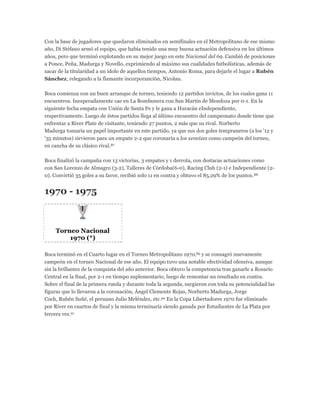 Con la base de jugadores que quedaron eliminados en semifinales en el Metropolitano de ese mismo
año, Di Stéfano armó el equipo, que había tenido una muy buena actuación defensiva en los últimos
años, pero que terminó explotando en su mejor juego en este Nacional del 69. Cambió de posiciones
a Ponce, Peña, Madurga y Novello, exprimiendo al máximo sus cualidades futbolísticas, además de
sacar de la titularidad a un ídolo de aquellos tiempos, Antonio Roma, para dejarle el lugar a Rubén
Sánchez, relegando a la flamante incorporanción, Nicolau.
Boca comienza con un buen arranque de torneo, teniendo 12 partidos invictos, de los cuales gana 11
encuentros. Inesperadamente cae en La Bombonera con San Martín de Mendoza por 0-1. En la
siguiente fecha empata con Unión de Santa Fe y le gana a Huracán eIndependiente,
respectivamente. Luego de éstos partidos llega al último encuentro del campeonato donde tiene que
enfrentar a River Plate de visitante, teniendo 27 puntos, 2 más que su rival. Norberto
Madurga tomaría un papel importante en este partido, ya que sus dos goles tempraneros (a los '12 y
'35 minutos) sirvieron para un empate 2-2 que coronaría a los xeneizes como campeón del torneo,
en cancha de su clásico rival.87
Boca finalizó la campaña con 13 victorias, 3 empates y 1 derrota, con destacas actuaciones como
con San Lorenzo de Almagro (3-2), Talleres de Córdoba(6-0), Racing Club (2-1) e Independiente (2-
0). Convirtió 35 goles a su favor, recibió solo 11 en contra y obtuvo el 85,29% de los puntos.88
1970 - 1975
Torneo Nacional
1970 (*)
Boca terminó en el Cuarto lugar en el Torneo Metropolitano 1970,89 y se consagró nuevamente
campeón en el torneo Nacional de ese año. El equipo tuvo una notable efectividad ofensiva, aunque
sin la brillantez de la conquista del año anterior. Boca obtuvo la competencia tras ganarle a Rosario
Central en la final, por 2-1 en tiempo suplementario, luego de remontar un resultado en contra.
Sobre el final de la primera rueda y durante toda la segunda, surgieron con toda su potencialidad las
figuras que lo llevaron a la coronación, Ángel Clemente Rojas, Norberto Madurga, Jorge
Coch, Rubén Suñé, el peruano Julio Meléndez, etc.90 En la Copa Libertadores 1970 fue eliminado
por River en cuartos de final y la misma terminaría siendo ganada por Estudiantes de La Plata por
tercera vez.91
 
