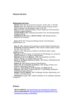 Glosario del tema
Bibliografía del tema
Behnke, H.-D. 1981.Sieve elements characters. Nordic J.Bot. 1: 381-400.
Behnke, H.-D. 1991.Distribution and evolution of forms and types of sieve
element plastids in the Dicotyledons. Aliso 13:167-182
Berg, L. R. 1997. Introductory Botany, Plants, People and The Environment.
Saunders College Publishing.
Cavalier-Smith T.1988. Eukaryote cell evolution. Proc. XIV International Bot.
Congress: 203-223.
De Robertis, E. M. F. (h.), J. Hib & R. Ponzio. 1996. Biología Celular y
Molecular. Ed. El Ateneo.
Dyson, R. D. 1977. Principios de Biología Celular. Fondo Educativo
Interamericano, S. A.
Esau, K. 1982. Anatomía de las plantas con semilla. Editorial Hemisferio Sur.
Franceschi, V. R. & H.T. Horner Jr. 1980. Calcium oxalate crystals in plants.
Bot. Rev. 46 (4): 361- 427.
Leroy, F. 1991. Mikrokosmos. Einblicke in die Welt der Zellen. Verlag
Waldemar Kramer.
Mauseth, J. D. 2003. Botany. An Introduction to Plant Biology. 3/e. Jones and
Bartlett Publishers, Inc. Sudbury, Massachusetts.
Medvedev, S. S. & I. V. Markova. 1998. The Cytoskeleton and Plant
Polarity. Russian J. Pl. Physiol. 45(2): 154-164.
Moore, R., W. Dennis Clark & K. R. Stern. 1998. Botany. WCB-McGraw-Hill,
2nd edition. Boston
Nultsch, W. 1966. Botánica General. Editorial Norma.
Raven, P.H., R. F. Evert & S. E. Eichhorn. 1999. Biology of Plants, W.H.
Freeman: Worth 6th ed. New York
Rost, T. L., M. G. Barbour, R. M. Thornton, T. E. Weier & C. R.
Stocking. 1998. Botany. A Brief Introduction To Plant Biology. Wadsworth
Publishing Company. Belmont
Sheeler, P. & D. E. Bianchi. 1980. Cell Biology: Structure, Biochemistry, and
Function. John Wiley & Sons.
Strasburger, E. y col. 1994. Tratado de Botánica. 8ª ed. castellana. Ediciones
Omega S.A
Enlaces
CÉLULA VEGETAL: http://www.biologia.edu.ar/plantas/cell_vegetal.htm
CÉLULA PROCARIOTA: http://www.biologia.edu.ar/bacterias/micro1.htm
Hypertextbook Chapter on Cell Biology:
 