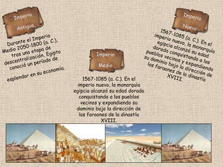 Imperio AntiguoImperio Nuevo1567-1085 (a. C.). En el imperio nuevo, la monarquía egipcia alcanzó su edad dorada conquistando a los pueblos vecinos y expandiendo su dominio bajo la dirección de los faraones de la dinastía XVIII.Durante el Imperio Medio 2050-1800 (a. C.), tras una etapa de descentralización, Egipto conoció un período de esplendor en su economía.Imperio Medio1567-1085 (a. C.). En el imperio nuevo, la monarquía egipcia alcanzó su edad dorada conquistando a los pueblos vecinos y expandiendo su dominio bajo la dirección de los faraones de la dinastía XVIII.