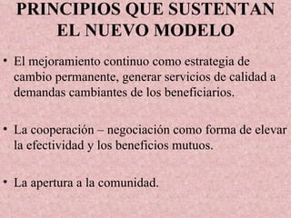 PRINCIPIOS QUE SUSTENTAN EL NUEVO MODELO El mejoramiento continuo como estrategia de cambio permanente, generar servicios de calidad a demandas cambiantes de los beneficiarios. La cooperación – negociación como forma de elevar la efectividad y los beneficios mutuos. La apertura a la comunidad. 