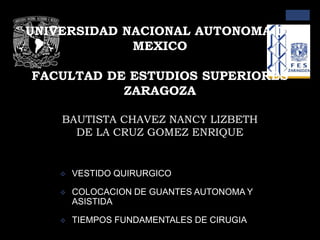 UNIVERSIDAD NACIONAL AUTONOMA DE
MEXICO
FACULTAD DE ESTUDIOS SUPERIORES
ZARAGOZA
BAUTISTA CHAVEZ NANCY LIZBETH
DE LA CRUZ GOMEZ ENRIQUE
 VESTIDO QUIRURGICO
 COLOCACION DE GUANTES AUTONOMA Y
ASISTIDA
 TIEMPOS FUNDAMENTALES DE CIRUGIA
 