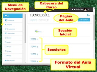 Formato del Aula
Virtual
Cabecera del
Curso
Página
del Aula
Menú de
Navegación
Sección
Inicial
Secciones
 