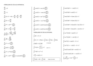 FORMULARIO DE CÁLCULO DIFERENCIAL
FORMULARIO DE CÁLCULO INTEGRAL
k=constante
para n≠-1
integral por partes