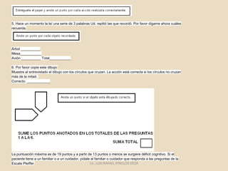 5. Hace un momento la leí una serie de 3 palabras Ud. repitió las que recordó. Por favor dígame ahora cuáles
recuerda.
Árbol __________
Mesa___________
Avión __________ Total___________
6. Por favor copie este dibujo:
Muestre al entrevistado el dibujo con los círculos que cruzan. La acción está correcta si los círculos no cruzan
más de la mitad.
Correcto: ____________
La puntuación máxima es de 19 puntos y a partir de 13 puntos o menos se surgiere déficit cognitivo. Si el
paciente tiene a un familiar o a un cuidador, pídale al familiar o cuidador que responda a las preguntas de la
Escala Pleiffer. Lic. LUIS RAFAEL PINILLOS DEZA
 