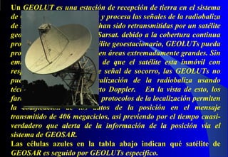 Un GEOLUT es una estación de recepción de tierra en el sistema
de Cospas-Sarsat que recibe y procesa las señales de la radiobaliza
de socorro de 406 Mhz que han sido retransmitidas por un satélite
geoestacionario de Cospas-Sarsat. debido a la cobertura continua
proporcionada por cada satélite geoestacionario, GEOLUTs pueda
producir alerta instantánea en áreas extremadamente grandes. Sin
embargo, debido al hecho de que el satélite esta inmóvil con
respecto a la radiobaliza de señal de socorro, las GEOLUTs no
pueden determinar la localización de la radiobaliza usando
técnicas de proceso de efecto Doppler. En la vista de esto, los
faros de 406 megaciclos con protocolos de la localización permiten
la codificación de los datos de la posición en el mensaje
transmitido de 406 megaciclos, así previendo por el tiempo cuasi-
verdadero que alerta de la información de la posición vía el
sistema de GEOSAR.
Las células azules en la tabla abajo indican qué satélite de
GEOSAR es seguido por GEOLUTs específico.
 