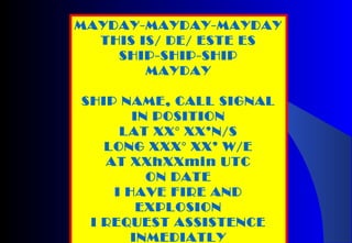MAYDAY-MAYDAY-MAYDAY
THIS IS/ DE/ ESTE ES
SHIP-SHIP-SHIP
MAYDAY
SHIP NAME, CALL SIGNAL
IN POSITION
LAT XX° XX’N/S
LONG XXX° XX’ W/E
AT XXhXXmin UTC
ON DATE
I HAVE FIRE AND
EXPLOSION
I REQUEST ASSISTENCE
INMEDIATLY
 