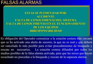 FALSAS ALARMASFALSAS ALARMAS
ESTAS SE PUEDEN DAR POR:ESTAS SE PUEDEN DAR POR:
ACCIDENTE.ACCIDENTE.
FALTA DE CONOCIMIENTO DEL SISTEMAFALTA DE CONOCIMIENTO DEL SISTEMA
FALTA DE CONOCIMIENTO EN EL FUNCIONAMIENTOFALTA DE CONOCIMIENTO EN EL FUNCIONAMIENTO
DE LOS EQUIPOSDE LOS EQUIPOS
IRRESPONSABILIDADIRRESPONSABILIDAD
Es obligación del Operador comunicar a la estación costera más cercana
que se ha activado una alerta de socorro, la que no es real y que deberá
ser cancelada lo más posible para evitar procedimientos de búsqueda y
rescate no necesarios. La estación costera difundirá por todos los
medios posibles de la falsa alarma activada, para que las naves que hayan
escuchado no procedan a la búsqueda y rescate de la supuesta alarma.
 