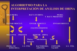 ALGORRITMO PARA LA INTERPRETACIÓN DE ANÁLISIS DE ORINA SOLO PIURIA  BACT. EN ORINA  PIURIA    Y  BACT. PRESENTES ENVIAR UROCULT.  ENVIAR  UROCULT.  ENVIAR UROCULT.     CULTIVO POSITIVO NEGATIVO  POSITIVO  REPETIR  ORINA    Piuria y  Solo bacterias  Nada bacterias PIURIA NO  I. U. TTO.  BACTERIURIA  CONTAMI-  I. U.  TTO.  ESPECIFICA  ASINTOM.  NACIÓN 