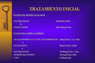 TRATAMIENTO INICIAL PACIENTES HOSPITALIZADOS CEFTRIAXONE 50-80MG/k/DÍA Ó CEFOTAXIME 100-150mg/K/día PACIENTES AMBULATORIOS CEFALOSPORINAS 1º GEN.(CEFADROXILO)  30mg/k/día v.o C/12hs ó CEFALEXINA   50mg/K/día c/6-8hs  ó CEFTRIAXONE   50-80mg/K/día  1/día NITROFURANTOINA   5-8-mg/K/día c/8hs T.M.S   6/30mg/k/día   