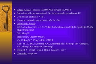 Estado Actual : 11meses  P:9800(P50) T:72cm TA:90/50  Buen desarrollo pondoestatural . No ha presentado episodios de IU.  Continúa en profilaxis ATB .  Urologia realizará cirugía para  el año de edad Laboratorio Actual :  GB:5.65 mil/mm3(31-4-1-55-9) GR:4.98millones/mm3 Hb:12.3g/dl Hto:35.9%  plaq:334mil/mm3  Glic:83mg/dl urea:31mg% Creat:0.40mg% Ca:10.4mg% P:5.7mg% FA: 527UI/l  EAB: ph7.32 PO2:73mmHg PCO2:29mmHg Bic:18.4meq/l EB:-4.6meq/l . Na:136meq/l K:4.4meq/l Cl:104meq/l  Orina :ph 5  D1020  prot(-)  HB(-)  Leuco+/-  cel+/-  Urocultivo : negativo 