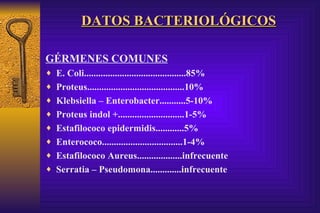 DATOS BACTERIOLÓGICOS GÉRMENES COMUNES E. Coli...........................................85% Proteus.........................................10% Klebsiella – Enterobacter...........5-10% Proteus indol +............................1-5% Estafilococo epidermidis............5% Enterococo..................................1-4% Estafilococo Aureus...................infrecuente Serratia – Pseudomona.............infrecuente 