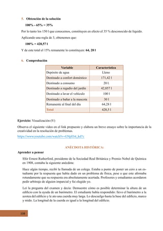 108
5. Obtención de la solución
100% - 65% = 35%
Por lo tanto los 150 l que conocemos, constituyen en efecto el 35 % desconocido de líquido.
Aplicando una regla de 3, obtenemos que:
100% = 428,57 l
Y de este total el 15% remanente lo constituyen: 64, 28 l
6. Comprobación
Variable Característica
Depósito de agua Lleno
Destinado a confort doméstico
Destinado a regadío del jardín
Destinado a lavar el vehículo
Destinado a bañar a la mascota
Remanente al final del día
Total
171,42 l
42,857 l
100 l
30 l
64,28 l
428,5 l
20 l.Destinado a consumo
Ejercicio: Visualización (V)
Observa el siguiente video en el link propuesto y elabora un breve ensayo sobre la importancia de la
creatividad en la resolución de problemas.
https://www.youtube.com/watch?v=GNpES4_kd7c
SSir Ernest Rutherford, presidente de la Sociedad Real Británica y Premio Nobel de Química
en 1908, contaba la siguiente anécdota:
Hace algún tiempo, recibí la llamada de un colega. Estaba a punto de poner un cero a un es-
tudiante por la respuesta que había dado en un problema de física, pese a que este afirmaba
rotundamente que su respuesta era absolutamente acertada. Profesores y estudiantes acordaron
pedir arbitraje de alguien imparcial y fui elegido yo.
Leí la pregunta del examen y decía: Demuestre cómo es posible determinar la altura de un
edificio con la ayuda de un barómetro. El estudiante había respondido: llevo el barómetro a la
azotea del edificio y le ato una cuerda muy larga. Lo descuelgo hasta la base del edificio, marco
y mido. La longitud de la cuerda es igual a la longitud del edificio.
ANÉCDOTA HISTÓRICA:
Aprender a pensar
 