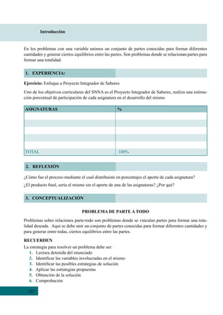 112
2. REFLEXIÓN
3. CONCEPTUALIZACIÓN
Introducción
1. EXPERIENCIA:
Ejercicio: Enfoque a Proyecto Integrador de Saberes
Uno de los objetivos curriculares del SNNA es el Proyecto Integrador de Saberes, realiza una estima-
ción porcentual de participación de cada asignatura en el desarrollo del mismo
¿Cómo fue el proceso mediante el cual distribuiste en porcentajes el aporte de cada asignatura?
¿El producto final, sería el mismo sin el aporte de una de las asignaturas? ¿Por qué?
PROBLEMA DE PARTE A TODO
Problemas sobre relaciones parte-todo son problemas donde se vinculan partes para formar una tota-
lidad deseada.  Aquí se debe unir un conjunto de partes conocidas para formar diferentes cantidades y
para generar entre todas, ciertos equilibrios entre las partes.
RECUERDEN
La estrategia para resolver un problema debe ser:
1. Lectura detenida del enunciado
2.   Identificar las variables involucradas en el mismo
3.   Identificar las posibles estrategias de solución
4. Aplicar las estrategias propuestas
5.   Obtención de la solución
6.   Comprobación
En los problemas con una variable unimos un conjunto de partes conocidas para formar diferentes
cantidades y generar ciertos equilibrios entre las partes. Son problemas donde se relacionan partes para
formar una totalidad.
ASIGNATURAS %
TOTAL 100%
 