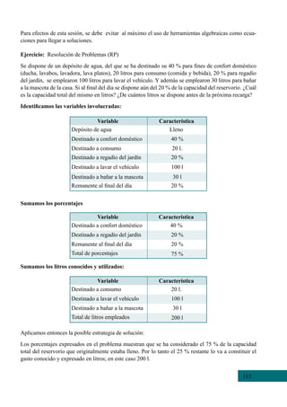 113
Para efectos de esta sesión, se debe  evitar  al máximo el uso de herramientas algebraicas como ecua-
ciones para llegar a soluciones.
Ejercicio:  Resolución de Problemas (RP)
Se dispone de un depósito de agua, del que se ha destinado su 40 % para fines de confort doméstico
(ducha, lavabos, lavadora, lava platos), 20 litros para consumo (comida y bebida), 20 % para regadío
del jardín,  se emplearon 100 litros para lavar el vehículo. Y además se emplearon 30 litros para bañar
a la mascota de la casa. Si al final del día se dispone aún del 20 % de la capacidad del reservorio. ¿Cuál
es la capacidad total del mismo en litros? ¿De cuántos litros se dispone antes de la próxima recarga?
Identificamos las variables involucradas:
Sumamos los porcentajes
Sumamos los litros conocidos y utilizados:
Aplicamos entonces la posible estrategia de solución:
Los porcentajes expresados en el problema muestran que se ha considerado el 75 % de la capacidad
total del reservorio que originalmente estaba lleno. Por lo tanto el 25 % restante lo va a constituir el
gasto conocido y expresado en litros; en este caso 200 l.
Variable Característica
Depósito de agua Lleno
Destinado a confort doméstico
Destinado a regadío del jardín
Destinado a lavar el vehículo
Destinado a bañar a la mascota
Remanente al final del día
40 %
20 %
100 l
30 l
20 %
20 l.Destinado a consumo
Variable Característica
Destinado a confort doméstico 40 %
Destinado a regadío del jardín
Total de porcentajes
20 %
75 %
20 %Remanente al final del día
Variable Característica
Destinado a consumo 20 l.
Destinado a lavar el vehículo
Total de litros empleados
100 l
200 l
30 lDestinado a bañar a la mascota
 