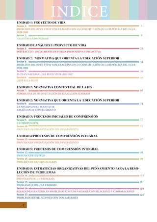 2
INDICEUNIDAD 1: PROYECTO DE VIDA
Sesión 1:
DERECHOS DEL BUEN VIVIR VINCULACIÓN CON LA CONSTITUCIÓN DE LA REPÚBLICA DEL ECUA-
DOR 2008
Sesión 2:
APRENDO A CONOCERME
UNIDAD DE ANÁLISIS 1: PROYECTO DE VIDA
Sesión 3:
INTERACTÚO SOCIALMENTE DE FORMA PROPOSITIVA Y PROACTIVA
UNIDAD 2: NORMATIVA QUE ORIENTA LA EDUCACIÓN SUPERIOR
Sesión 4:
DERECHOS DEL BUEN VIVIR VINCULACIÓN CON LA CONSTITUCIÓN DE LA REPÚBLICA DEL ECUA-
DOR 2008
Sesión 5:
EL PLAN NACIONAL DEL BUEN VIVIR 2013-2017
Sesión 6:
¿QUÉ ES LA LOES?
UNIDAD 2: NORMATIVA CONTEXTUAL DE LA IES
Sesión 7:
NORMATIVA DE SU INSTITUCIÓN DE EDUCACIÓN SUPERIOR
UNIDAD 2: NORMATIVA QUE ORIENTA LA EDUCACIÓN SUPERIOR
Sesión 8:
LA SOCIEDAD DEL BUEN VIVIR
BASADA EN EL CONOCIMIENTO
UNIDAD 3: PROCESOS INICIALES DE COMPRENSIÓN
Sesión 9:
LA OBSERVACIÓN
Sesión 10:
PROCESOS DE ORGANIZACIÓN DEL PENSAMIENTO
UNIDAD 4:PROCESOS DE COMPRENSIÓN INTEGRAL
Sesión 11:
PROCESOS DE ORGANIZACIÓN DEL PENSAMIENTO
UNIDAD 5: PROCESOS DE COMPRENSIÓN INTEGRAL
Sesión 12:
PROCESOS DE SÍNTESIS
Sesión 13:
PROCESOS DE GENERALIZACIÓN
UNIDAD 5: ESTRATEGIAS ORGANIZATIVAS DEL PENSAMIENTO PARA LA RESO-
LUCIÓN DE PROBLEMAS
Sesión 14:
DEFINICIÓN DE UN PROBLEMA
Sesión 15:
PROBLEMAS CON UNA VARIABLE
Sesión 16:
RELACIONES DE ORDEN, EN PROBLEMAS CON UNA VARIABLE CON RELACIONES Y COMPARACIONES
Sesión 17:
PROBLEMAS DE RELACIONES CON DOS VARIABLES
3
9
25
31
39
55
63
71
77
81
87
93
99
103
111
119
125
 
