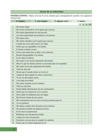 22
FICHA DE AUTOESTIMA
INSTRUCCIONES: Marca con una X en la columna que corresponda de acuerdo a las siguientes
valoraciones
4: siempre 3: casi siempre 2: algunas veces 1: nunca
Me siento alegre
Me siento incómodo/a con la gente que conozco
Me siento dependiente de otra persona
Los retos representan una amenaza a mi persona
Me siento triste
Me siento cómodo/a con la gente que conozco
Cuando las cosas salen mal es mi culpa
Siento que soy agradable a los demás
Es bueno cometer errores
Si las cosas salen bien se debe a mis esfuerzos
Resulto desagradable a los demás
Es de sabios rectificar
Me siento el ser menos importante del mundo
Hacer lo que los demás quieran es necesario para ser aceptados
Me siento el ser más importante del mundo
Todo me sale mal
Siento que el mundo entero se ríe de mi
Acepto de buen agrado la crítica constructiva
Yo me río del mundo entero
A mí todo me resbala
Me siento contento con mi estatura
Todo me sale bien
Puedo hablar abiertamente de mis sentimientos
Siento que mi estatura no es la correcta
Solo acepto las alabanzas que me hagan
Me divierte reírme de mis errores
Mis sentimientos me los reservo exclusivamente para mí
Yo soy perfecto
Me alegro cuando otros fracasan en sus intentos
Me gustaría cambiar mi apariencia física
Evito nuevas experiencias
Realmente son una persona tímida
Acepto los retos sin pensarlo
Encuentro excusas para no aceptar los cambios
Siento que los demás dependen de mi
1.
2.
3.
4.
5.
6.
7.
8.
9.
10.
11.
12.
13.
14.
15.
16.
17.
18.
19.
20.
21.
22.
23.
24.
25.
26.
27.
28.
29.
30.
31.
32.
33.
34.
35
1 2 3 4
 