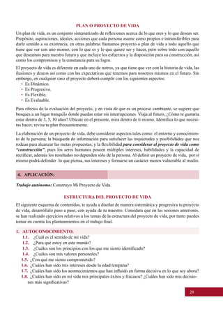 29
PLAN O PROYECTO DE VIDA
Un plan de vida, es un conjunto sistematizado de reflexiones acerca de lo que eres y lo que deseas ser.
Propósito, aspiraciones, ideales, acciones que cada persona asume como propios e intransferibles para
darle sentido a su existencia, en otras palabras llamamos proyecto o plan de vida a todo aquello que
tiene que ver con uno mismo, con lo que es y lo que quiere ser y hacer, pero sobre todo con aquello
que deseamos para nuestro futuro y que incluye los esfuerzos y la disposición para su construcción, así
como los compromisos y la constancia para su logro.
El proyecto de vida es diferente en cada uno de notros, ya que tiene que ver con la historia de vida, las
ilusiones y deseos así como con las expectativas que tenemos para nosotros mismos en el futuro. Sin
embargo, en cualquier caso el proyecto deberá cumplir con los siguientes aspectos:
•  Es Dinámico.
•  Es Progresivo.
•  Es Flexible.
•  Es Evaluable.
Para efectos de la evaluación del proyecto, y en vista de que es un proceso cambiante, se sugiere que
busques a un lugar tranquilo donde puedas estar sin interrupciones. Viaja al futuro, ¿Cómo te gustaría
estar dentro de 3, 5, 10 años? Ubícate en el presente, mira dentro de ti mismo. Identifica lo que necesi-
tas hacer, revisa tu plan frecuentemente.
La elaboración de un proyecto de vida, debe considerar aspectos tales como: el entorno y conocimien-
to de la persona; la búsqueda de información para satisfacer las inquietudes y posibilidades que nos
rodean para alcanzar las metas propuestas; y la flexibilidad para considerar el proyecto de vida como
“construcción”, pues los seres humanos poseen múltiples intereses, habilidades y la capacidad de
rectificar, además los resultados no dependen sólo de la persona. Al definir un proyecto de vida,  por sí
mismo podrá defender  lo que piensa, sus intereses y formarse un carácter menos vulnerable al medio.
4. APLICACIÓN:
Trabajo autónomo: Construyo Mi Proyecto de Vida.
ESTRUCTURA DEL PROYECTO DE VIDA
El siguiente esquema de contenidos, te ayuda a diseñar de manera sistemática y progresiva tu proyecto
de vida, desarróllalo paso a paso, con ayuda de tu maestro. Considera que en las sesiones anteriores,
se han realizado ejercicios relativos a los temas de la estructura del proyecto de vida, por tanto puedes
tomar en cuenta los planteamientos en el trabajo final.
1. AUTOCONOCIMIENTO.
1.1. ¿Cuál es el sentido de mi vida?
1.2.   ¿Para qué estoy en este mundo?
1.3.    ¿Cuáles son los principios con los que me siento identificado?
1.4. ¿Cuáles son mis valores personales?
1.5. ¿Con qué me siento comprometido?
1.6. ¿Cuáles han sido mis intereses desde la edad tempana?
1.7.  ¿Cuáles han sido los acontecimientos que han influido en forma decisiva en lo que soy ahora?
1.8. ¿Cuáles han sido en mi vida mis principales éxitos y fracasos? ¿Cuáles han sido mis decisio-
nes más significativas?
 
