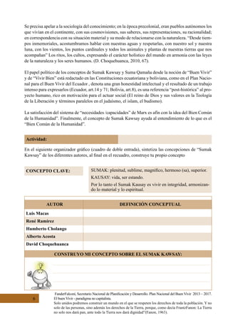 6
FanderFalconí, Secretario Nacional de Planificación y Desarrollo. Plan Nacional del Buen Vivir  2013 – 2017.
El buen Vivir - paradigma no capitalista.
Solo unidos podremos construir un mundo en el que se respeten los derechos de toda la población. Y no
solo de las personas, sino además los derechos de la Tierra, porque, como decía FrantzFanon: La Tierra
no solo nos dará pan, ante todo la Tierra nos dará dignidad”(Fanon, 1963).
Actividad:
En el siguiente organizador gráfico (cuadro de doble entrada), sintetiza las concepciones de “Sumak
Kawsay” de los diferentes autores, al final en el recuadro, construye tu propio concepto
CONCEPTO CLAVE: SUMAK: plenitud, sublime, magnífico, hermoso (sa), superior.
KAUSAY: vida, ser estando.
Por lo tanto el Sumak Kausay es vivir en integridad, armonizan-
do lo material y lo espiritual.
AUTOR
CONSTRUYO MI CONCEPTO SOBRE EL SUMAK KAWSAY:
DEFINICIÓN CONCEPTUAL
Luis Macas
René Ramírez
Humberto Cholango
Alberto Acosta
David Choquehuanca
Se precisa apelar a la sociología del conocimiento; en la época precolonial, eran pueblos autónomos los
que vivían en el continente, con sus cosmovisiones, sus saberes, sus representaciones, su racionalidad;
en correspondencia con su situación material y su modo de relacionarse con la naturaleza. “Desde tiem-
pos inmemoriales, acostumbramos hablar con nuestras aguas y respetarlas, con nuestro sol y nuestra
luna, con los vientos, los puntos cardinales y todos los animales y plantas de nuestras tierras que nos
acompañan” Los ritos, los cultos, expresando el carácter holístico del mundo en armonía con las leyes
de la naturaleza y los seres humanos. (D. Choquehuanca, 2010, 67).
El papel político de los conceptos de Sumak Kawsay y Suma Qamaña desde la noción de “Buen Vivir”
y de “Vivir Bien” está redactado en las Constituciones ecuatoriana y boliviana, como en el Plan Nacio-
nal para el Buen Vivir del Ecuador , denota una gran honestidad intelectual y el resultado de un trabajo
intenso para expresarlos (Ecuador, art.14 y 71; Bolivia, art.8), es una referencia “post-histórica” al pro-
yecto humano, rico en motivación para el actuar social (El reino de Dios y sus valores en la Teología
de la Liberación y términos paralelos en el judaísmo, el islam, el budismo).
La satisfacción del sistema de “necesidades /capacidades” de Marx es afín con la idea del Bien Común
de la Humanidad”. Finalmente, el concepto de Sumak Kawsay ayuda al entendimiento de lo que es el
“Bien Común de la Humanidad”.
 
