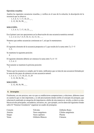 85
Ejercicios resueltos
Analiza las siguientes secuencias resueltas, y verifica en el caso de la solución, la descripción de la
secuencia que se observa:
• 1, 5, 4, 11, 7, 17, 10, 23, _, _
• 2, 12, 30, 56, 90, _, _
SOLUCIÓN:
•   1, 5, 4, 11, 7, 17, 10, 23, _, _
En el primer caso nos apoyaremos en la observación de una secuencia numérica normal:
1, 2, 3, 4, 5, 6, 7, 8, 9, 10, 11, 12, 13, 14, …..
Notamos que ambas secuencias comienzan en 1, así que lo mantenemos:
1,
El siguiente elemento de la secuencia propuesta es 5, que resulta de la suma entre 2 y 3 =5
1, 5,
Se mantiene la siguiente posición:
4
El siguiente elemento debería ser entonces la suma entre 5 y 6 =11
1, 5, 4, 11
Nuevamente se mantiene la próxima posición:
7
Vemos que la secuencia se cumple, por lo tanto, ratificamos que se trata de una secuencia formada por
la suma de dos pares de números en una secuencia natural:
1, 5, 4, 11, 7, 17, 10, 23, 13, 29
• 2, 12, 30, 56, 90, _, _
SOLUCIÓN:
•   2, 12, 30, 56, 90, _, _
Finalmente, en este proceso, una vez que se establecieron comparaciones y relaciones, debemos tener
en cuenta lo que es más importante, y es ahí precisamente donde estriba el concepto de jerarquía, que
relaciona lo analizado en categorías de importancia o dicho de otra manera en  niveles, es decir se esta-
blecen niveles principales, secundarios, terciarios, etc.; por ejemplo, con los datos del siguientes listado
sobre El “Sistema Circulatorio” organizar un cuadro de jerarquías:
4. Jerarquías
Corazón
Arterias
Sangre
Venas
Válvulas
Vasos sanguíneos
Vasos capilares
Glóbulos Blancos
Glóbulos Rojos
Células sanguíneas
Plasma
Cámaras
 