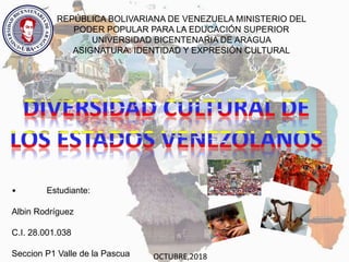 REPÚBLICA BOLIVARIANA DE VENEZUELA MINISTERIO DEL
PODER POPULAR PARA LA EDUCACIÓN SUPERIOR
UNIVERSIDAD BICENTENARIA DE ARAGUA
ASIGNATURA: IDENTIDAD Y EXPRESIÓN CULTURAL
• Estudiante:
Albin Rodríguez
C.I. 28.001.038
Seccion P1 Valle de la Pascua OCTUBRE,2018
 