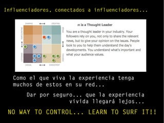 Influenciadores, conectados a influenciadores...
Como el que viva la experiencia tenga
muchos de estos en su red...
Dar por seguro... que la experiencia
vivida llegará lejos...
NO WAY TO CONTROL... LEARN TO SURF IT!!
 