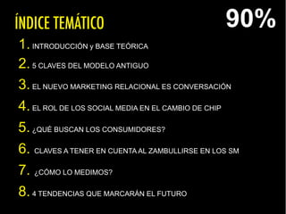 ÍNDICE TEMÁTICO
1.INTRODUCCIÓN y BASE TEÓRICA
2.5 CLAVES DEL MODELO ANTIGUO
3.EL NUEVO MARKETING RELACIONAL ES CONVERSACIÓN
4.EL ROL DE LOS SOCIAL MEDIA EN EL CAMBIO DE CHIP
5.¿QUÉ BUSCAN LOS CONSUMIDORES?
6. CLAVES A TENER EN CUENTA AL ZAMBULLIRSE EN LOS SM
7. ¿CÓMO LO MEDIMOS?
8.4 TENDENCIAS QUE MARCARÁN EL FUTURO
90%
 