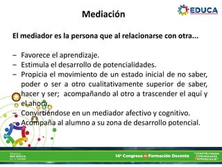 Mediación
El mediador es la persona que al relacionarse con otra...
‒ Favorece el aprendizaje.
‒ Estimula el desarrollo de potencialidades.
‒ Propicia el movimiento de un estado inicial de no saber,
poder o ser a otro cualitativamente superior de saber,
hacer y ser; acompañando al otro a trascender el aquí y
el ahora.
‒ Convirtiéndose en un mediador afectivo y cognitivo.
‒ Acompaña al alumno a su zona de desarrollo potencial.
 
