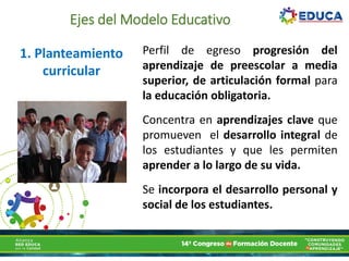 Ejes del Modelo Educativo
1. Planteamiento
curricular
Perfil de egreso progresión del
aprendizaje de preescolar a media
superior, de articulación formal para
la educación obligatoria.
Concentra en aprendizajes clave que
promueven el desarrollo integral de
los estudiantes y que les permiten
aprender a lo largo de su vida.
Se incorpora el desarrollo personal y
social de los estudiantes.
 