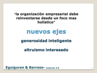 “laorganización empresarial debe
 reinventarse desde un foco mas
            holístico”


        nuevos ejes
      generosidad inteligente

       altruismo interesado



                                   17
 