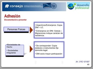 Art. 3 RG 10/1997 Personas Físicas 00 Sociedades de Hecho  Sociedades irregulares Condominios 00 Argentinos/Extranjeros: Copia DNI – LC. Extranjeros sin DNI: Cédula – Migraciones indique carácter de residencia. De corresponder: Copia estatuto o instrumentos fije domicilio legal. DNI socio mayor participación 