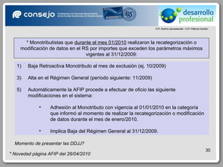 * Novedad página AFIP del 26/04/2010 * Monotributistas que  durante el mes 01/2010  realizaron la recategorización o modificación de datos en el RS por importes que exceden los parámetros máximos vigentes al 31/12/2009: Baja Retroactiva Monotributo al mes de exclusión (ej. 10/2009) Alta en el Régimen General (período siguiente: 11/2009) Automáticamente la AFIP procede a efectuar de oficio las siguiente modificaciones en el sistema: Adhesión al Monotributo con vigencia al 01/01/2010 en la categoría que informó al momento de realizar la recategorización o modificación de datos durante el mes de enero/2010. Implica Baja del Régimen General al 31/12/2009. Momento de presentar las DDJJ? 