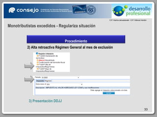 Monotributistas excedidos - Regulariza situación 2) Alta retroactiva Régimen General al mes de exclusión 3) Presentación DDJJ Procedimiento 