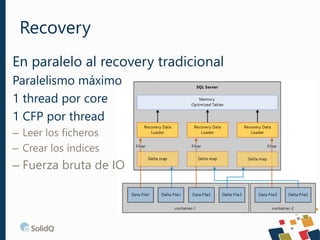 Recovery
En paralelo al recovery tradicional
Paralelismo máximo
1 thread por core
1 CFP por thread
– Leer los ficheros
– Crear los índices
– Fuerza bruta de IO
 