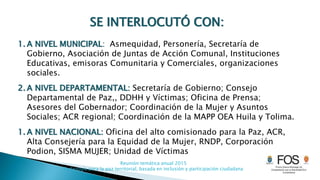Reunión temática anual 2015
Pedagogía para la paz territorial, basada en inclusión y participación ciudadana
SE INTERLOCUTÓ CON:
1. A NIVEL MUNICIPAL: Asmequidad, Personería, Secretaría de
Gobierno, Asociación de Juntas de Acción Comunal, Instituciones
Educativas, emisoras Comunitaria y Comerciales, organizaciones
sociales.
2. A NIVEL DEPARTAMENTAL: Secretaría de Gobierno; Consejo
Departamental de Paz,, DDHH y Víctimas; Oficina de Prensa;
Asesores del Gobernador; Coordinación de la Mujer y Asuntos
Sociales; ACR regional; Coordinación de la MAPP OEA Huila y Tolima.
1. A NIVEL NACIONAL: Oficina del alto comisionado para la Paz, ACR,
Alta Consejería para la Equidad de la Mujer, RNDP, Corporación
Podion, SISMA MUJER; Unidad de Víctimas
 