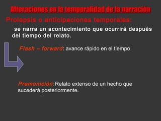 Alteraciones en la temporalidad de la narraciónAlteraciones en la temporalidad de la narración
Prolepsis o anticipaciones temporales:
se narra un acontecimiento que ocurrirá después
del tiempo del relato.
Flash – forward: avance rápido en el tiempo
Premonición: Relato extenso de un hecho que
sucederá posteriormente.
 