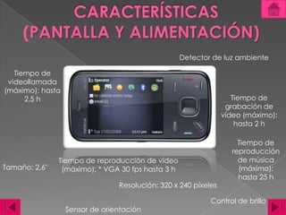 CARACTERÍSTICAS(PANTALLA Y ALIMENTACIÓN)Detector de luz ambiente Tiempo de videollamada (máximo): hasta 2,5 hTiempo de grabación de vídeo (máximo): hasta 2 hTiempo de reproducción de música (máximo): hasta 25 hTiempo de reproducción de vídeo (máximo): * VGA 30 fps hasta 3 hTamaño: 2,6"Resolución: 320 x 240 píxelesControl de brillo Sensor de orientación 