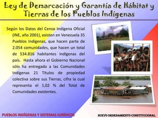 Ley de Demarcación y Garantía de Hábitat y Tierras de los Pueblos IndígenasArtículo 1. Esta Ley tiene por objeto, “Regular la formulación, coordinación y ejecución de las políticas y planes relativos a la demarcación del hábitat y tierras que ancestral y tradicionalmente ocupan los pueblos y comunidades indígenas establecido en el artículo 119 de la CRBV a los fines de garantizar el derecho a las propiedades colectivas de sus tierras.” Del ente rector de la demarcación Artículo 5.- Se crea la Dirección General de Demarcación del Hábitat y Tierras de los Pueblos Indígenas adscrita al Ministerio del Ambiente y los Recurso Naturales, la cual tiene a su cargo la coordinación, planificación, ejecución y supervisión de todo el proceso nacional de demarcación regulado por la presente ley.Pueblos Indígenas y Sistemas Jurídicos