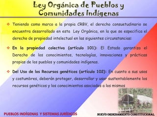 Ley de Demarcación y Garantía de Hábitat y Tierras de los Pueblos IndígenasSegún los Datos del Censo Indígena Oficial (INE, año 2001), existen en Venezuela 35 Pueblos Indígenas, que hacen parte de 2.054 comunidades, que hacen un total de 534.816 habitantes indígenas del país.  Hasta ahora el Gobierno Nacional sólo ha entregado a las Comunidades Indígenas 21 Títulos de propiedad colectiva sobre sus Tierras, cifra la cual representa el 1,02 % del Total de Comunidades existentes. Pueblos Indígenas y Sistemas JurídicosNUEVO ORDENAMIENTO CONSTITUCIONAL