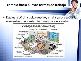 Cambio hacia nuevas formas de trabajo
• Esta es la oficina típica que hoy en día ya usa todos los
elementos que sientan las bases para el cambio.
 
