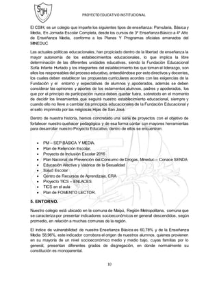 PROYECTOEDUCATIVOINSTITUCIONAL
10
El CSIH, es un colegio que imparte los siguientes tipos de enseñanza: Parvularia, Básica y
Media, En Jornada Escolar Completa, desde los cursos de 3º Enseñanza Básico a 4º Año
de Enseñanza Media, conforme a los Planes Y Programas oficiales emanados del
MINEDUC
Las actuales políticas educacionales, han propiciado dentro de la libertad de enseñanza la
mayor autonomía de los establecimientos educacionales, lo que implica la libre
determinación de las diferentes unidades educativas, siendo la Fundación Educacional
Sofía Infante Hurtado y los integrantes del establecimiento los que toman el liderazgo, son
ellos los responsables del proceso educativo, entendiéndose por esto directivos y docentes,
los cuales deben establecer las propuestas curriculares acordes con las exigencias de la
Fundación y el entorno y expectativas de alumnos y apoderados, además se deben
considerar las opiniones y aportes de los estamentos alumnos, padres y apoderados, los
que por el principio de participación nunca deben quedar fuera, sobretodo en el momento
de decidir los lineamientos que seguirá nuestro establecimiento educacional, siempre y
cuando ello no lleve a cambiar los principios educacionales de la Fundación Educacional y
el sello imprimido por las religiosas Hijas de San José.
Dentro de nuestra historia, hemos concretado una serie de proyectos con el objetivo de
fortalecer nuestro quehacer pedagógico y de esa forma contar con mayores herramientas
para desarrollar nuestro Proyecto Educativo, dentro de ellos se encuentran:
 PM – SEP BÁSICA Y MEDIA.
 Plan de Retención Escolar.
 Proyecto de Inclusión Escolar 2016
 Plan Nacional de Prevención del Consumo de Drogas. Mineduc – Conace SENDA
 Educación Afectiva y Valórica de la Sexualidad
 Salud Escolar
 Centro de Recursos de Aprendizaje, CRA
 Proyecto TICS – ENLACES
 TICS en el aula
 Plan de FOMENTO LECTOR.
5. ENTORNO.
Nuestro colegio está ubicado en la comuna de Maipú, Región Metropolitana, comuna que
se caracteriza por presentar indicadores socioeconómicos en general descendidos, según
promedio, en relación a muchas comunas de la región.
El índice de vulnerabilidad de nuestra Enseñanza Básica es 60,78% y de la Enseñanza
Media 58,96%, este indicador corrobora el origen de nuestros alumnos, quienes provienen
en su mayoría de un nivel socioeconómico medio y medio bajo, cuyas familias por lo
general, presentan diferentes grados de disgregación, en donde normalmente su
constitución es monoparental.
 