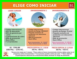 VD: Volumen de Distribución – LC: Líneas Calificadas - VBO: Volumen Balanceado de Organización - VML: Volumen Máximo por Línea
LA: Líneas Activas – LB: Líneas Bronce - LBE: Líneas Bronce Ejecutivo - LPL: Líneas Plata - LPLE: Líneas Plata Ejecutivo - LORO: Líneas Oro –
LPT: Líneas Platino - LD: Líneas Diamante
 